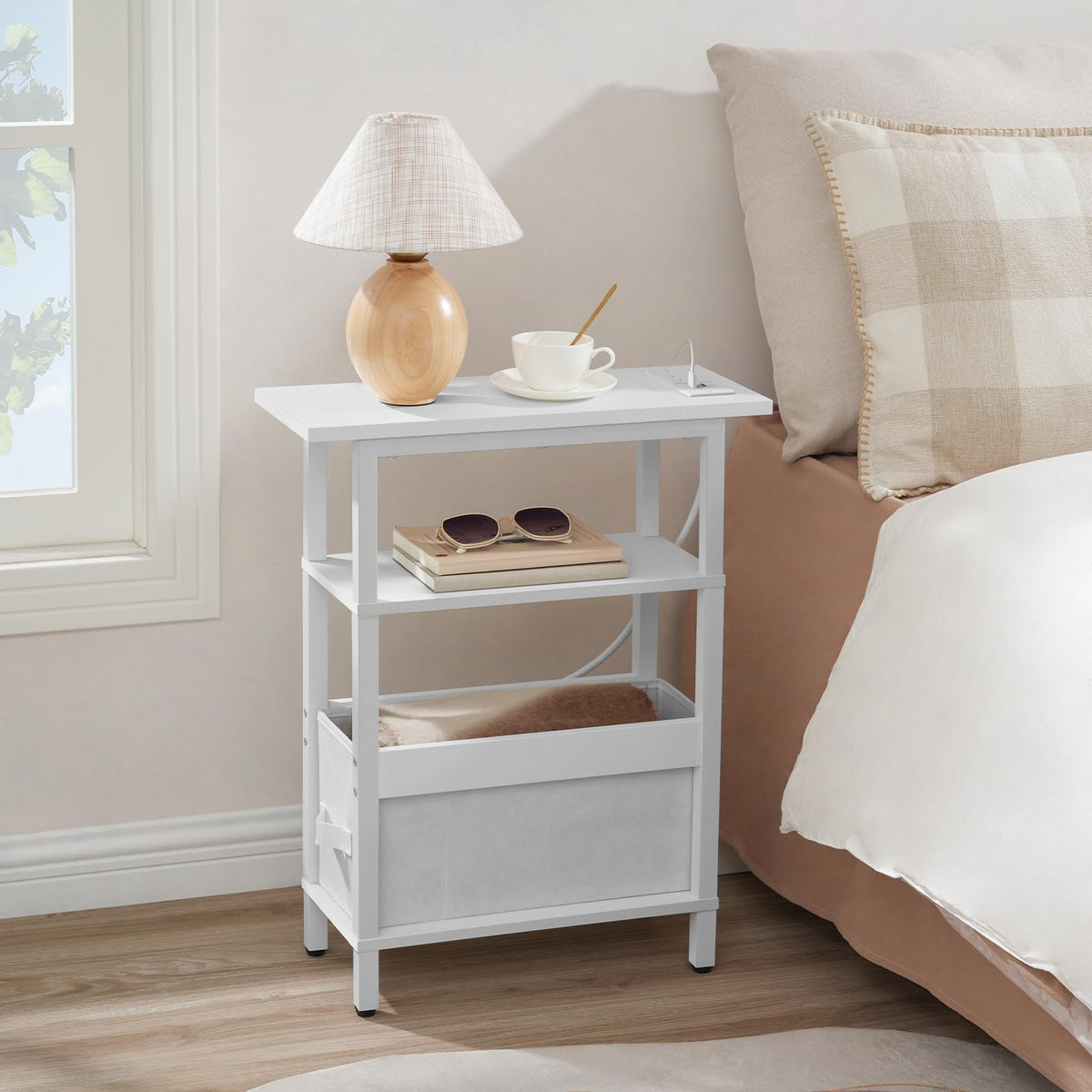 MAHANCRIS Narrow Side Table with Charging Station, 3 Tier Small End Table for Small Spaces, Slim Side Shelf with Storage, for Living Room, Bedroom