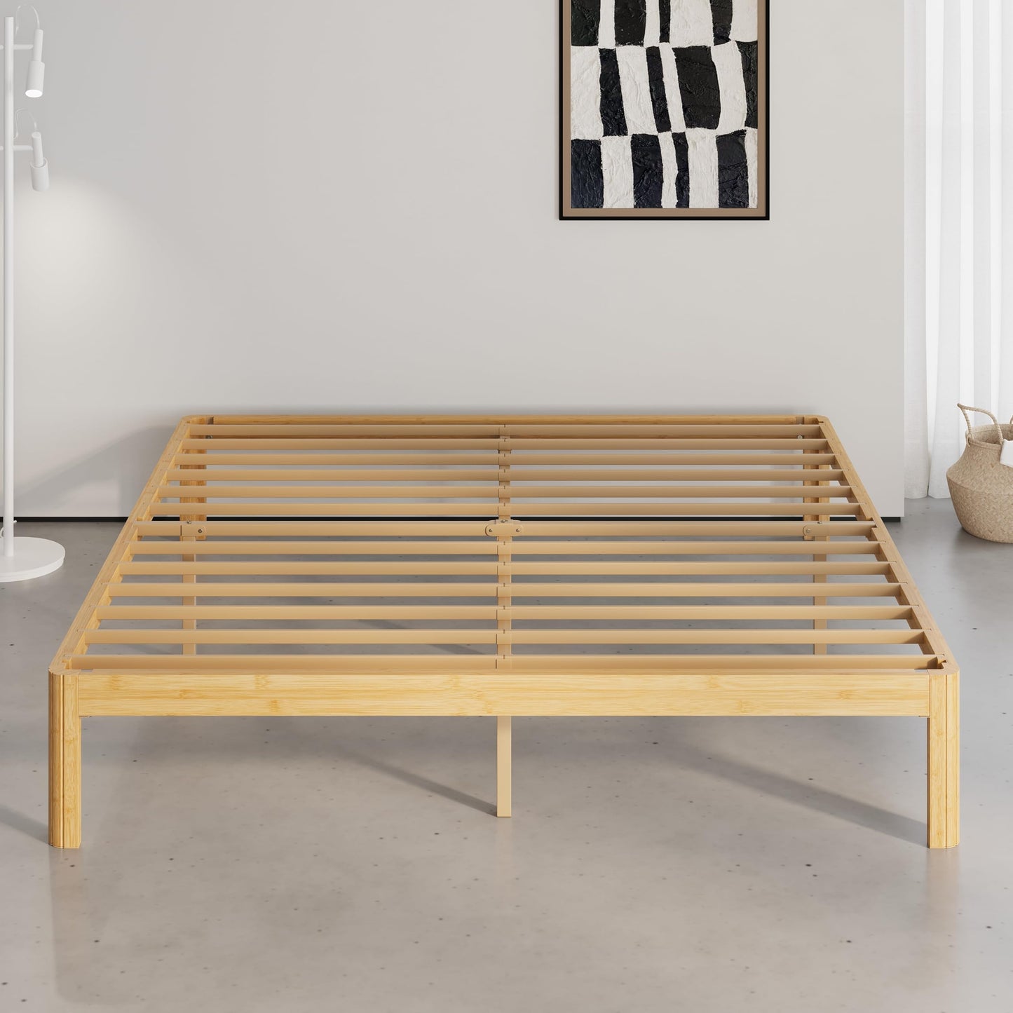 QFtime Bamboo Wood King Size Bed Frame with Metal Slats Support, Platform King Bed Frame, Easy to Install, Noise Free, Sturdy, 35.5 cm High