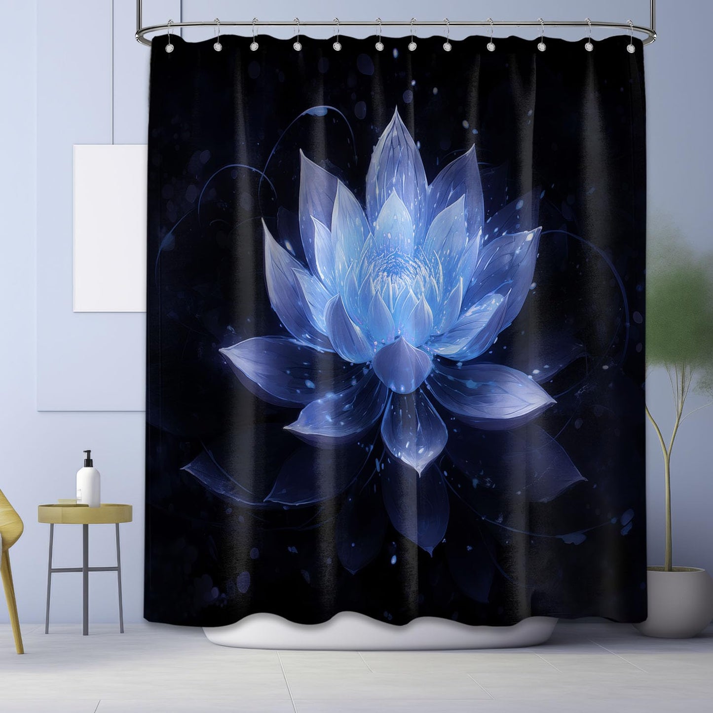 LanZanthic Lotus Shower Curtains for Bathroom Black and Blue Floral Spa Zen Wet Room Shower Curtain, Washable, Waterproof, Cloth Fabric, 180 x 240 cm