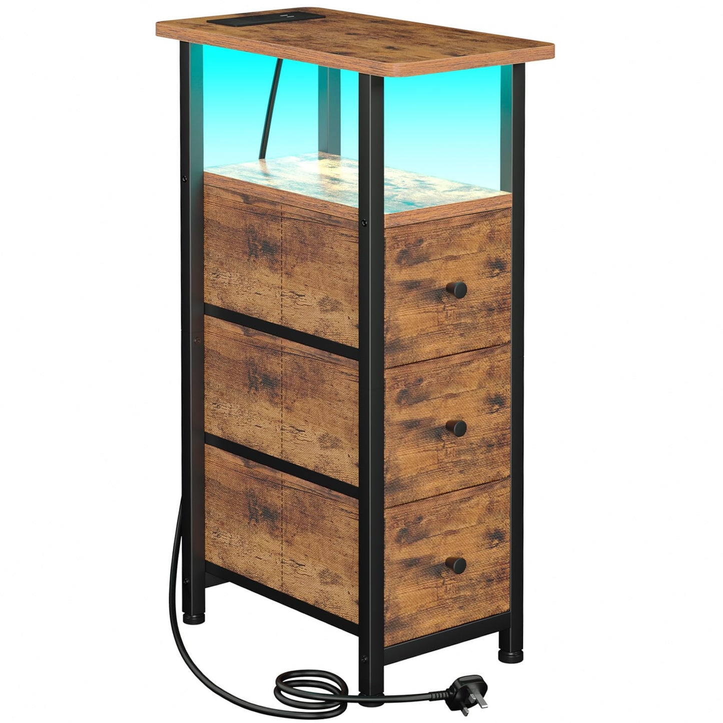 LOAKEKEL Slim Bedside Table with Charging Station, Narrow Side Table with LED Light, Sofa Table with 3 Fabric Drawers, End Table, Nightstand for Small