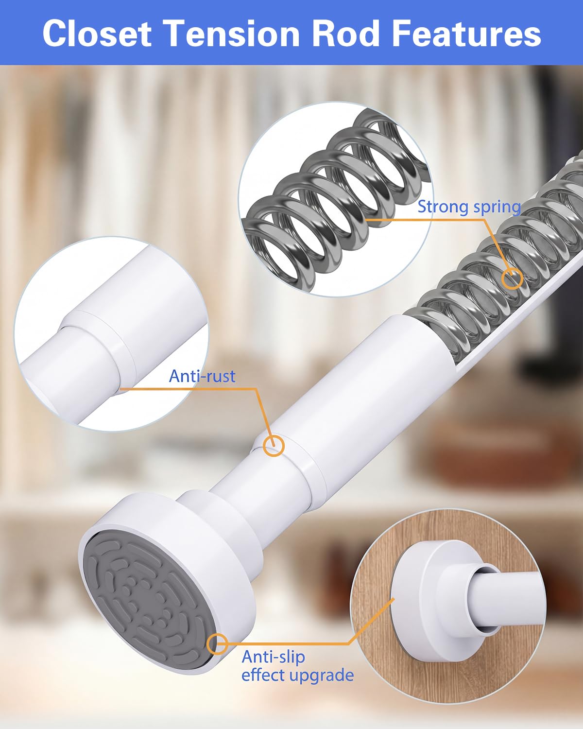 Supforce Wardrobe Rail, No-Drill Wardrobe Hanging Rail, Non-Slip Adjustable Heavy Duty Tension Wardrobe Rail, 43-135cm Spring Rail for Wardrobe