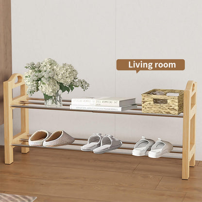 LEMIKKLE Shoe Rack, Oak Wooden Shoe Storage Rack, 2 Tier Stainless Steel Expandable Design, Ideal for Small Shoe Rack for Narrow Space