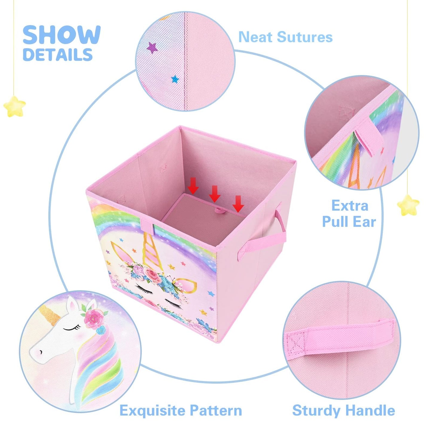 WERNNSAI Unicorn-Themed Storage Bins, Pink, Fabric & Cardboard, 11" x 11" x 11", 4 Pack