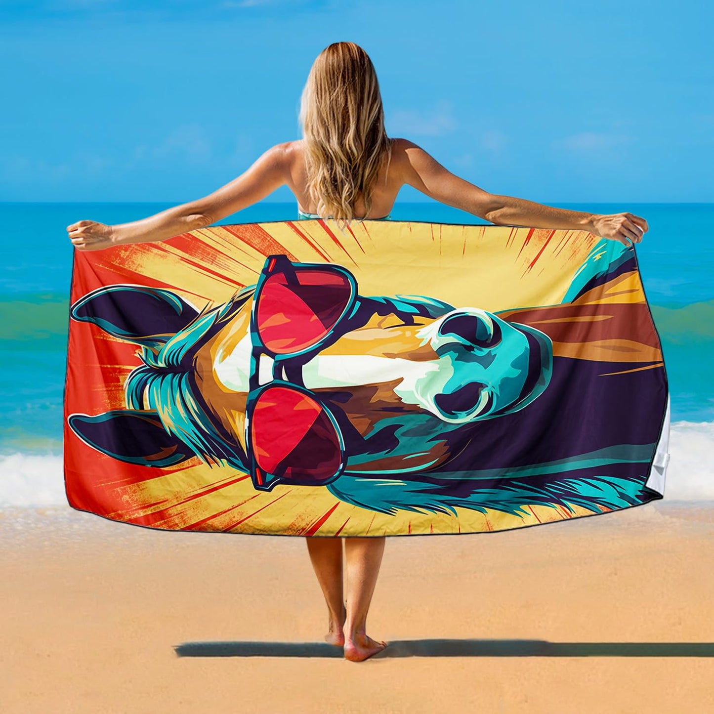 Violetpos Cool Horse with Sunglasses Beach Towel, Extra Large 180x90 cm 250GSM Microfibre, Sand Free Quick Dry