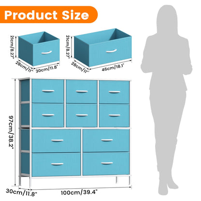 Feonase Chest of Drawers, Bedroom Tall Dresser with 10 Fabric Drawers, Metal Frame & MDF Wood Top, Adjustable Feet