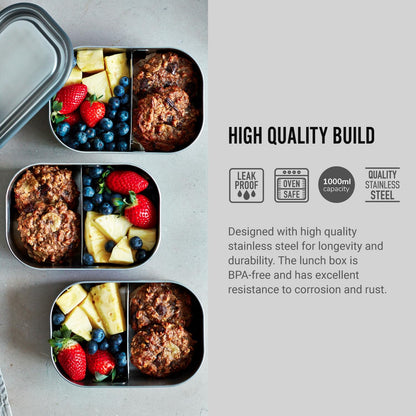 Black+Blum Stainless Steel Bento Lunch Box with Compartments | 3-in-1 Meal Prep Insulated Food Container for Adults & Kids | Vacuum Lock, Silicone
