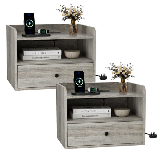 BonVache Bedside Table Set of 2 with Drawer and Charging Station, Bedroom Floating Nightstand with Open Shelf for Modern Home Design,Gray