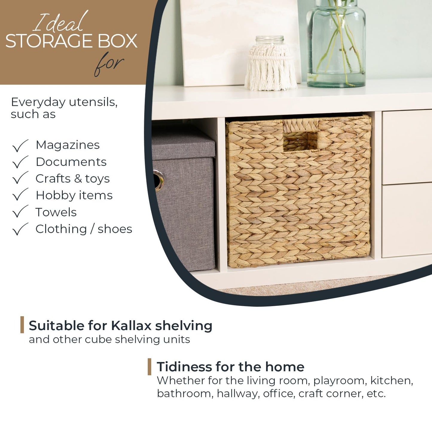 HMF Storage Basket Suitable for KALLAX Shelving Unit, Woven Water Hyacinth Basket with Handles | Set of 2 | 32 x 34,5 x 32 cm | Nature