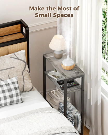 Yuede Narrow Side Table with Magazine Rack, 3-tier Slim Bedside Table, Small End Table for Living Room, Bedroom, MDF & Metal Frame (Gray)