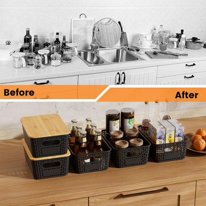 Shrivee Set of 3 Black Rectangular Bamboo Lid Storage Boxes, 5L Capacity, Stackable, Ventilated, Kitchen Storage Boxes for Shelves, Cupboards, Home
