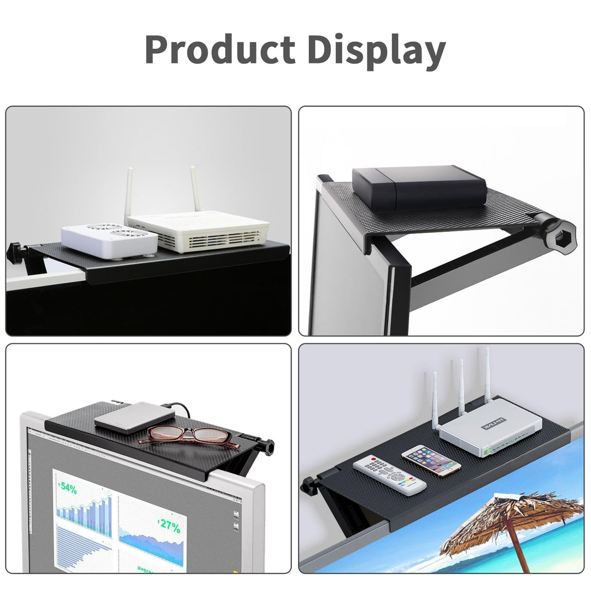 Wesoke TV Top Shelf Screen Top Storage Stand, Black Computer Monitor Top Mounting Bracket Adjustable Cable Box Mount Shelf with 13 inch/33cm Platform