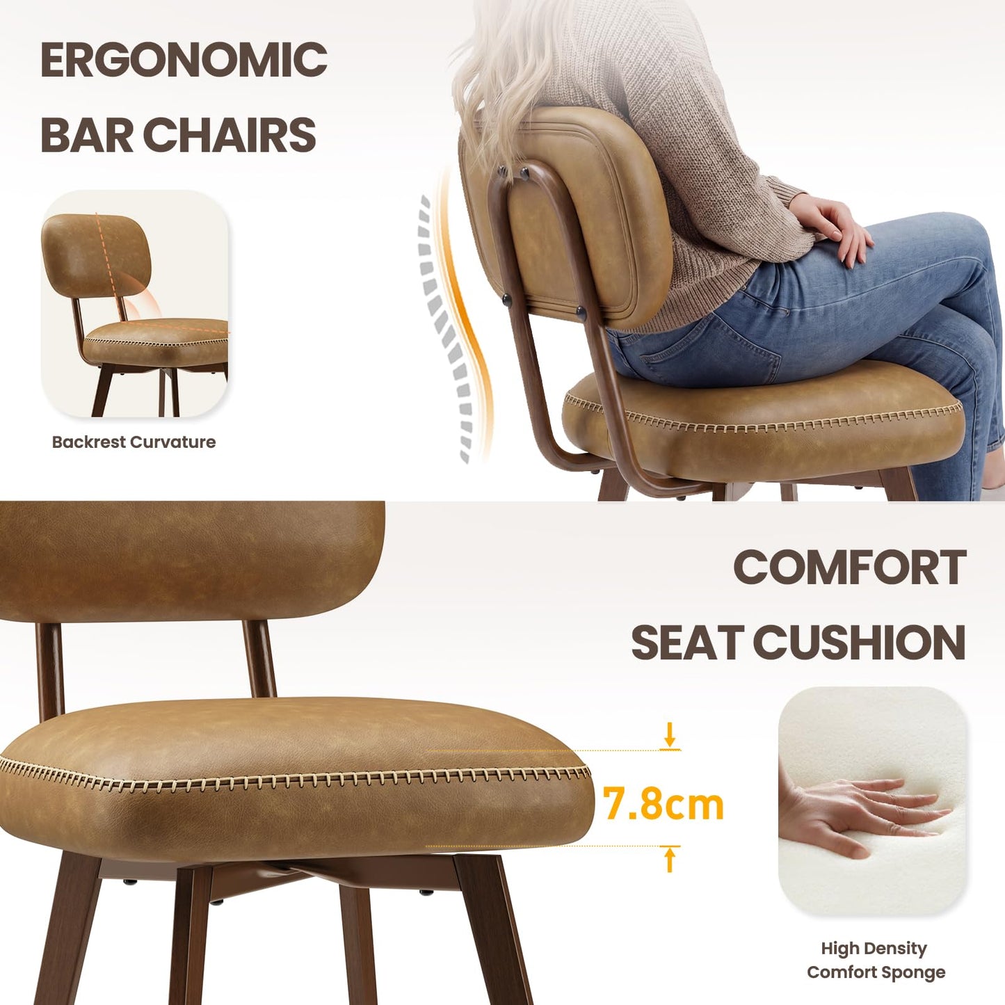 MALOL PU Leather Breakfast Bar Stools Set of 2, Swivel Kitchen Bar Chairs with Backrest and Metal Legs
