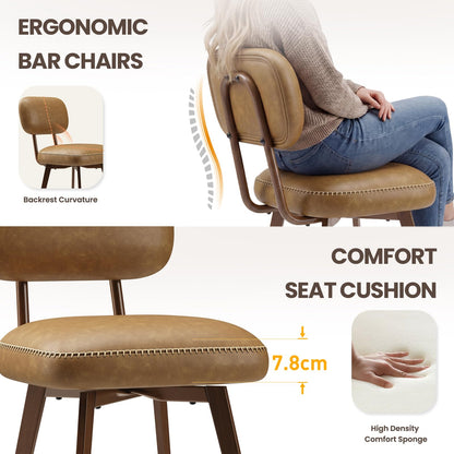 MALOL PU Leather Breakfast Bar Stools Set of 2, Swivel Kitchen Bar Chairs with Backrest and Metal Legs