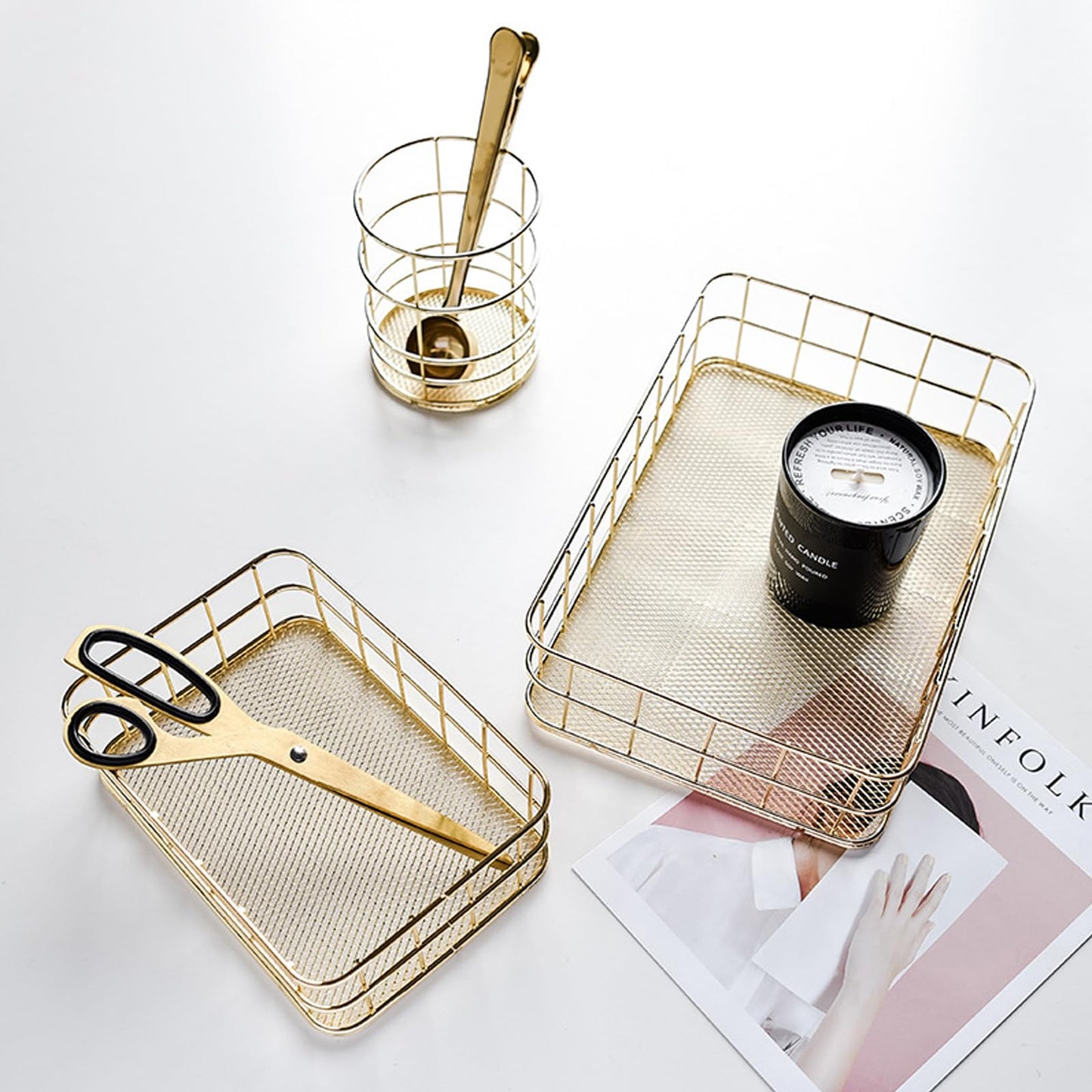 Seully Gold Storage Basket,Desktop Finishing Wrought Iron ,Metal Wire Fruit Storage Basket,Toiletries /Multi Purpose Desktop Storage for