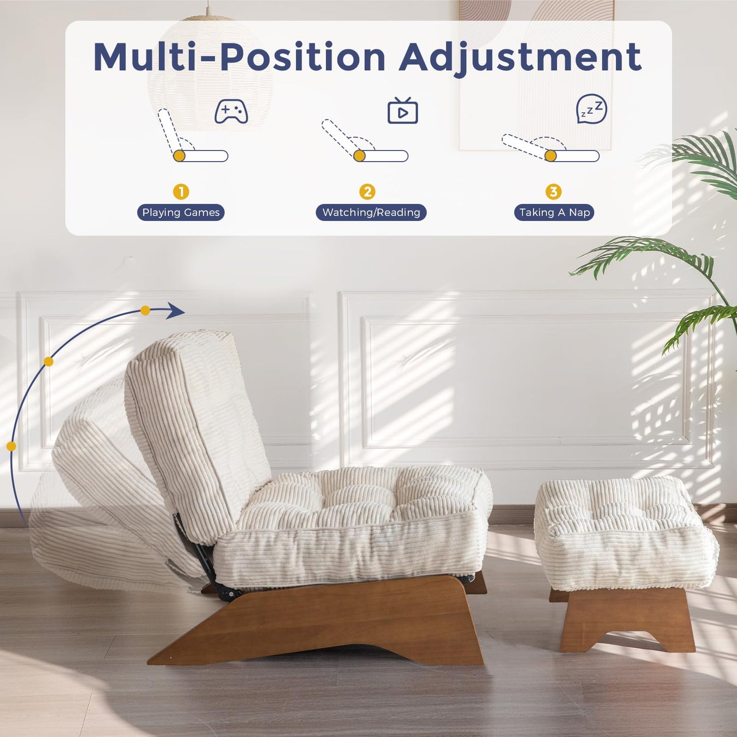 MAXYOYO Corduroy Folding Accent Chair with Footrest, Modern Upholstered Lounge Chair with Adjustable Backrest