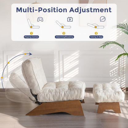MAXYOYO Corduroy Folding Accent Chair with Footrest, Modern Upholstered Lounge Chair with Adjustable Backrest