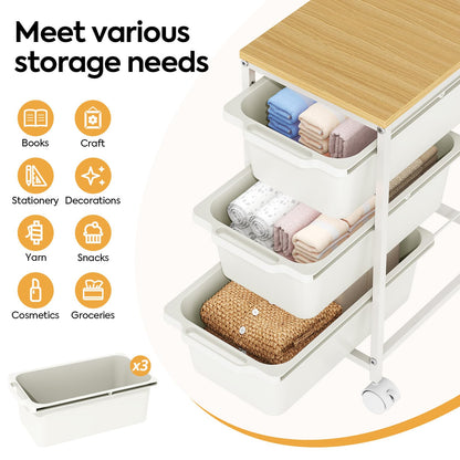 KINGBOARD 3 Drawers Storage Trolley on Wheels, White