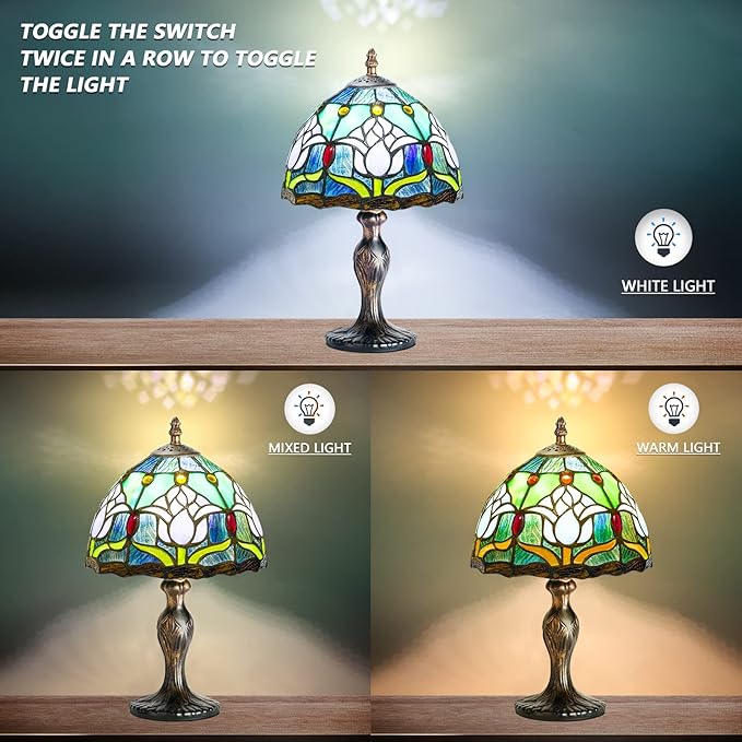 MIAOKE Stained Style Table Lamp, Vintage Table Lamp, Handcraft Stained Glass Lampshade, Table Lamps for Bedroom, Bedside Lamp, Study, Office (Blue Tulip)