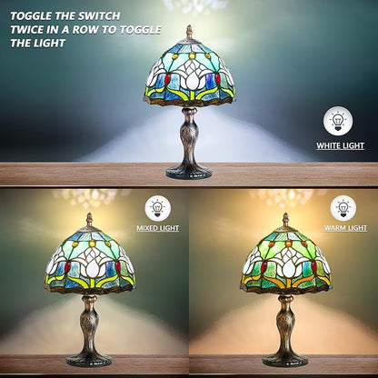 MIAOKE Stained Style Table Lamp, Vintage Table Lamp, Handcraft Stained Glass Lampshade, Table Lamps for Bedroom, Bedside Lamp, Study, Office (Blue Tulip)