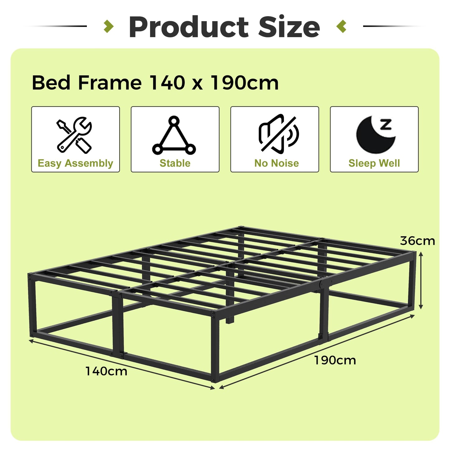 EMODA Metal Bed Frame 140 x 190cm with Steel Slats Support, Black
