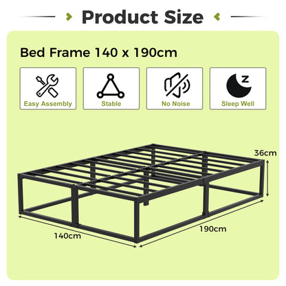 EMODA Metal Bed Frame 140 x 190cm with Steel Slats Support, Black
