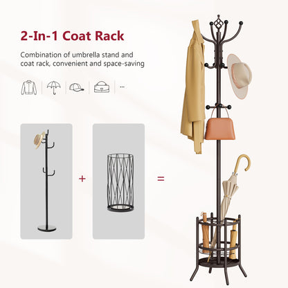 Tajsoon Coat Rack with Umbrella Stand, Coat Tree With 16 Hooks, Brown