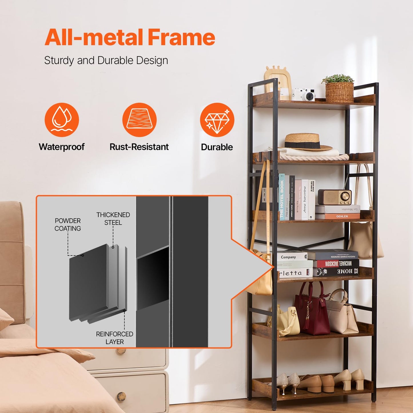VEVOR Metal Bookshelf, 6-Tier Industrial Bookshelf, Tall Wide Rustic Vintage Storage Bookcase with Open Shelves