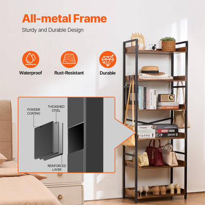 VEVOR Metal Bookshelf, 6-Tier Industrial Bookshelf, Tall Wide Rustic Vintage Storage Bookcase with Open Shelves