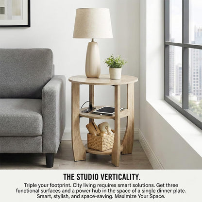 ZEXVIDA 3 Tier Round Side Table with Charging Station, Farmhouse Wood End Tables with Storage