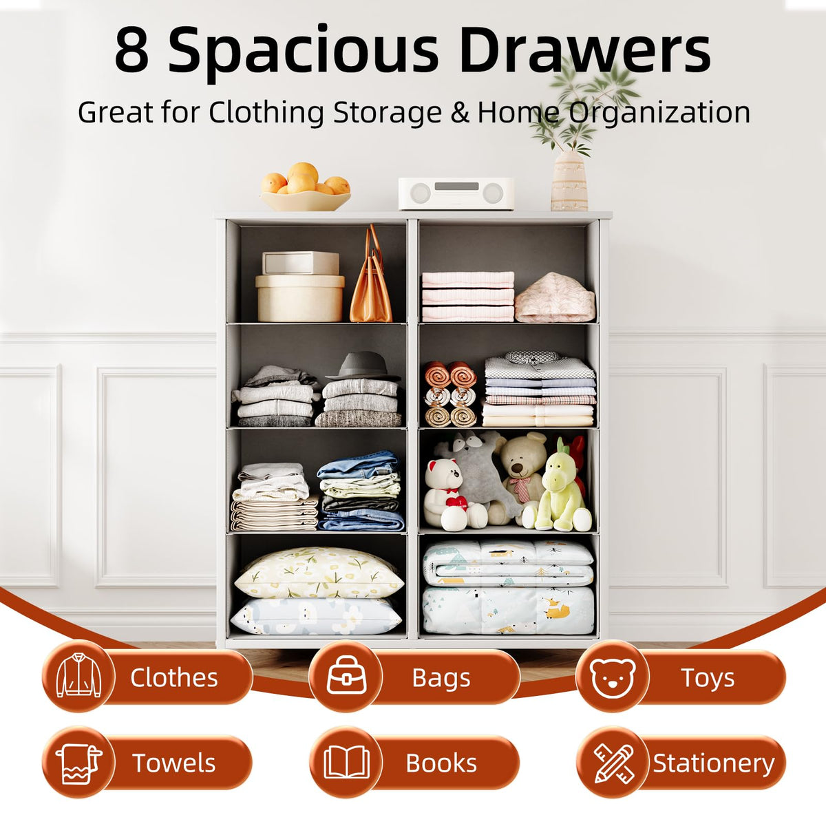 CAIYUN 8 Drawer Dresser, Tall Fabric Chest of Drawers with Wooden Top & Sturdy Metal Frame, Vertical Storage Cabinet for Bedroom, Closet, Nursery