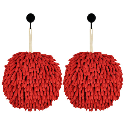 Fuzzy Ball Hand Towels, Set of 2, Chenille Quick Dry, 6.9inch (red)
