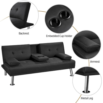 Yaheetech Black 3-in-1 Convertible Sofa Bed with Cup Holder Adjustable Back