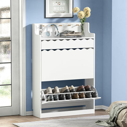 Skokliz Shoe Cabinet with Drawer, Wooden Shoe Storage Unit with 2 Pull-Down Drawers
