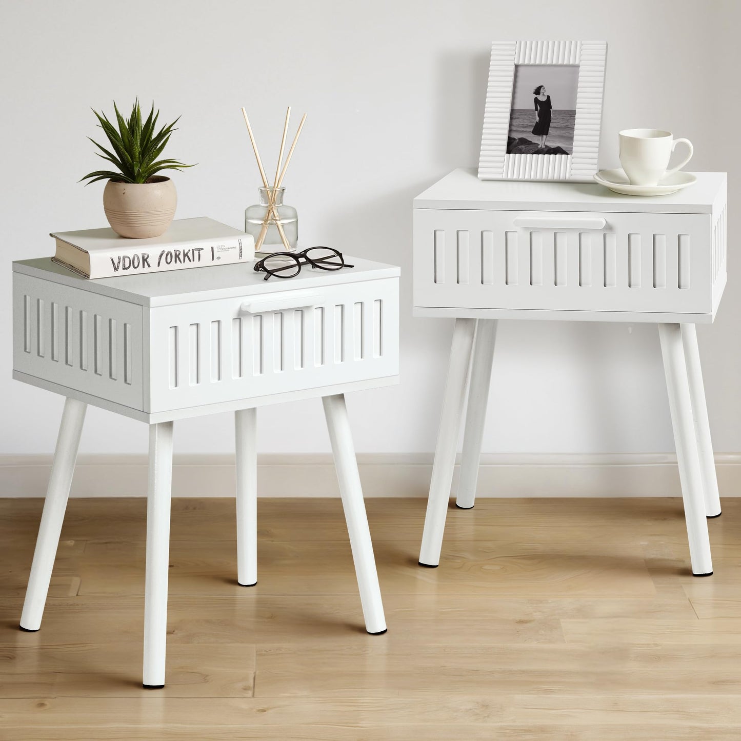 SUMGAR White Bedside Table Set of 2 Nightstand with Drawers Bed Side Table for Bedroom Modern Fluted End Table Small Spaces Organiser Storage Dorm