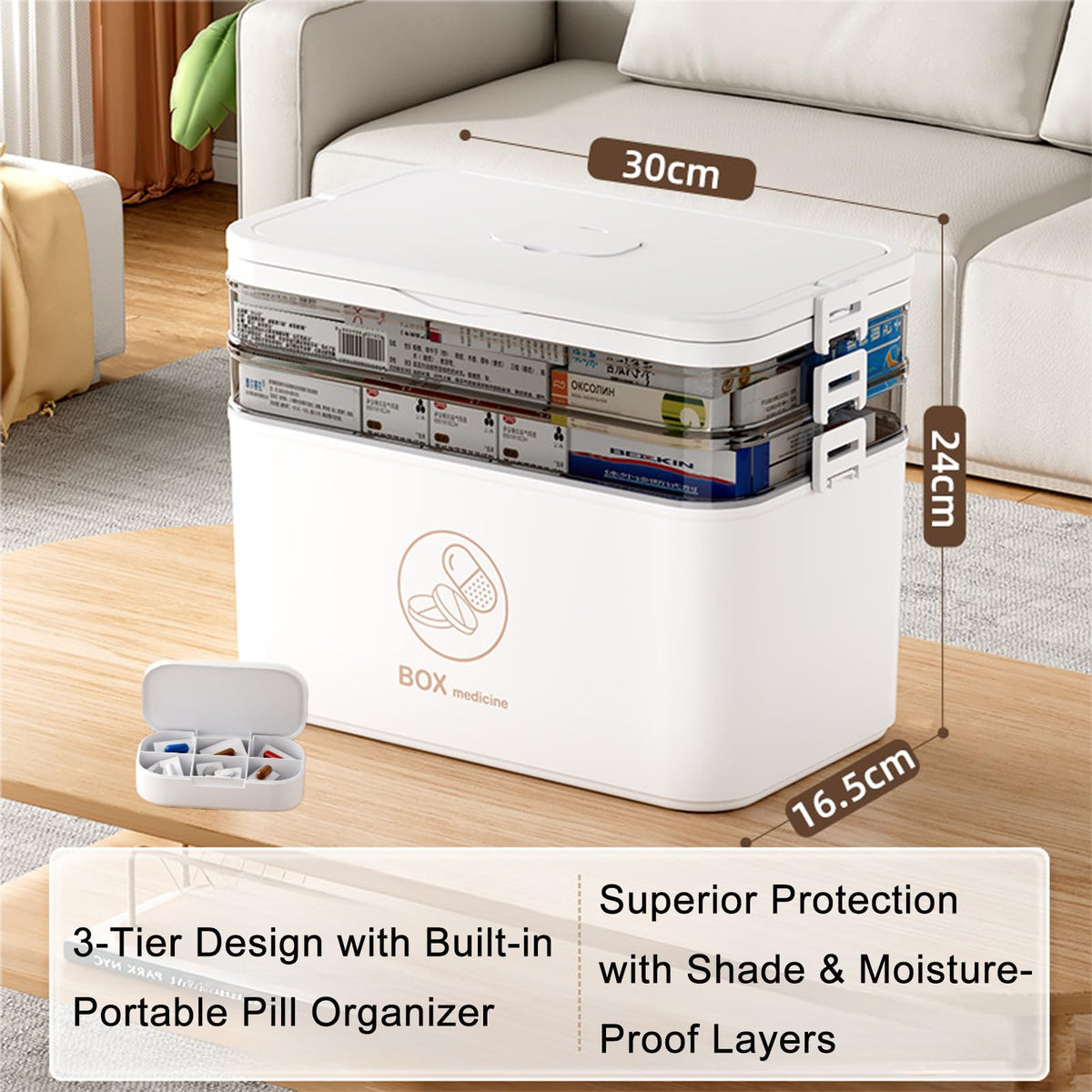 Hniuyun 3-Layer Portable Pill Organiser with Carry Handle, Weekly Multi-Compartment Medicine Box for Vitamins & Tablets – Travel