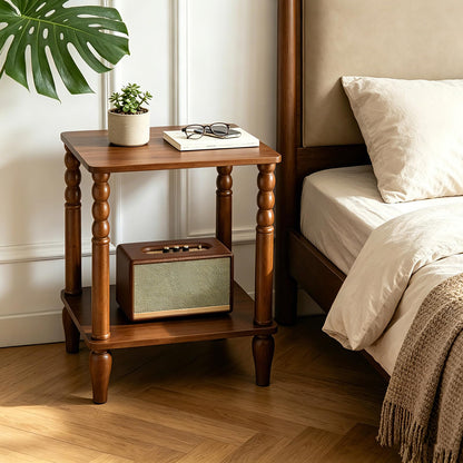 Lampaggio Solid Wood End Table with Storage Shelf, 2-Tier Small Side Table with Vintage Spindle Legs, Narrow Nightstand for Living Room