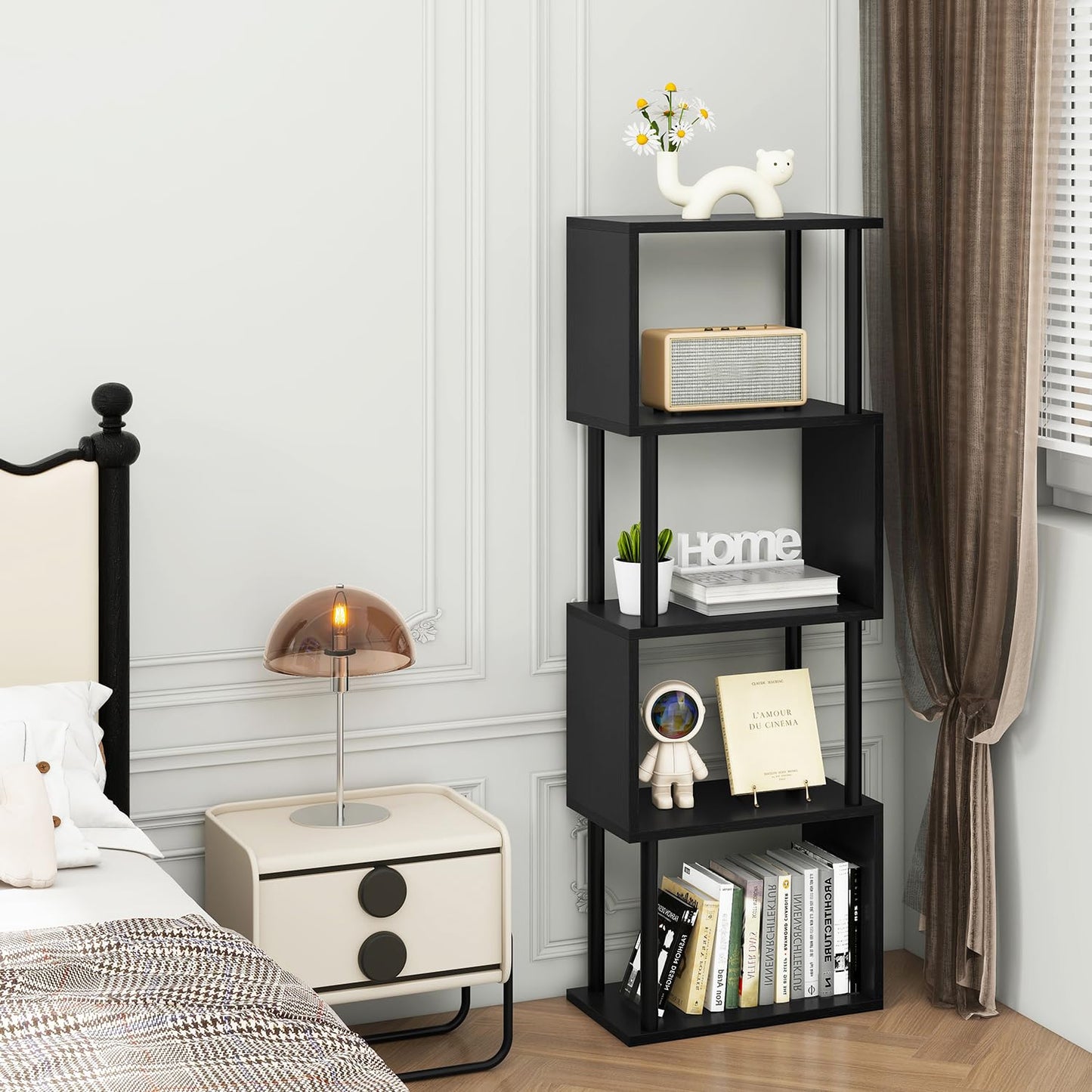 IBUYKE 5-Tier Tall Bookshelf,S-Shaped Geometric Bookcase,Black WBC015B