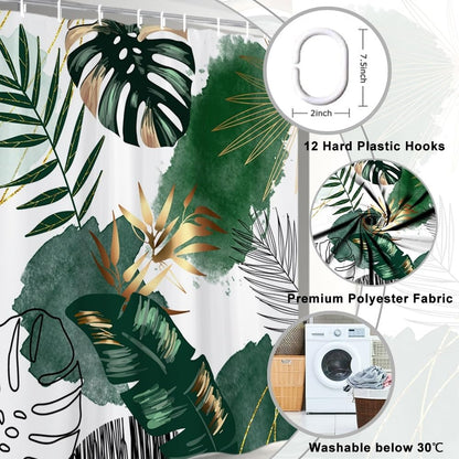 Uiiooazy Green Gold Shower Curtain, Abstract Palm Leaves Boho Monstera Tropical Plante Bath Curtain Anti Mildew Waterproof Polyester Fabric Opaque