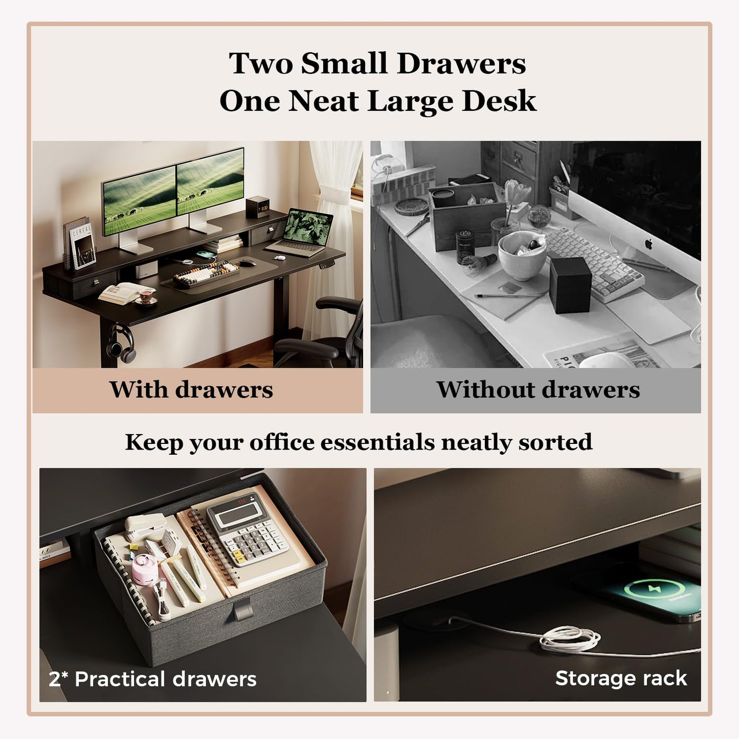 Klicelor Electric Height Adjustable Desk, with 2 Fabric Drawers, 100x60cm