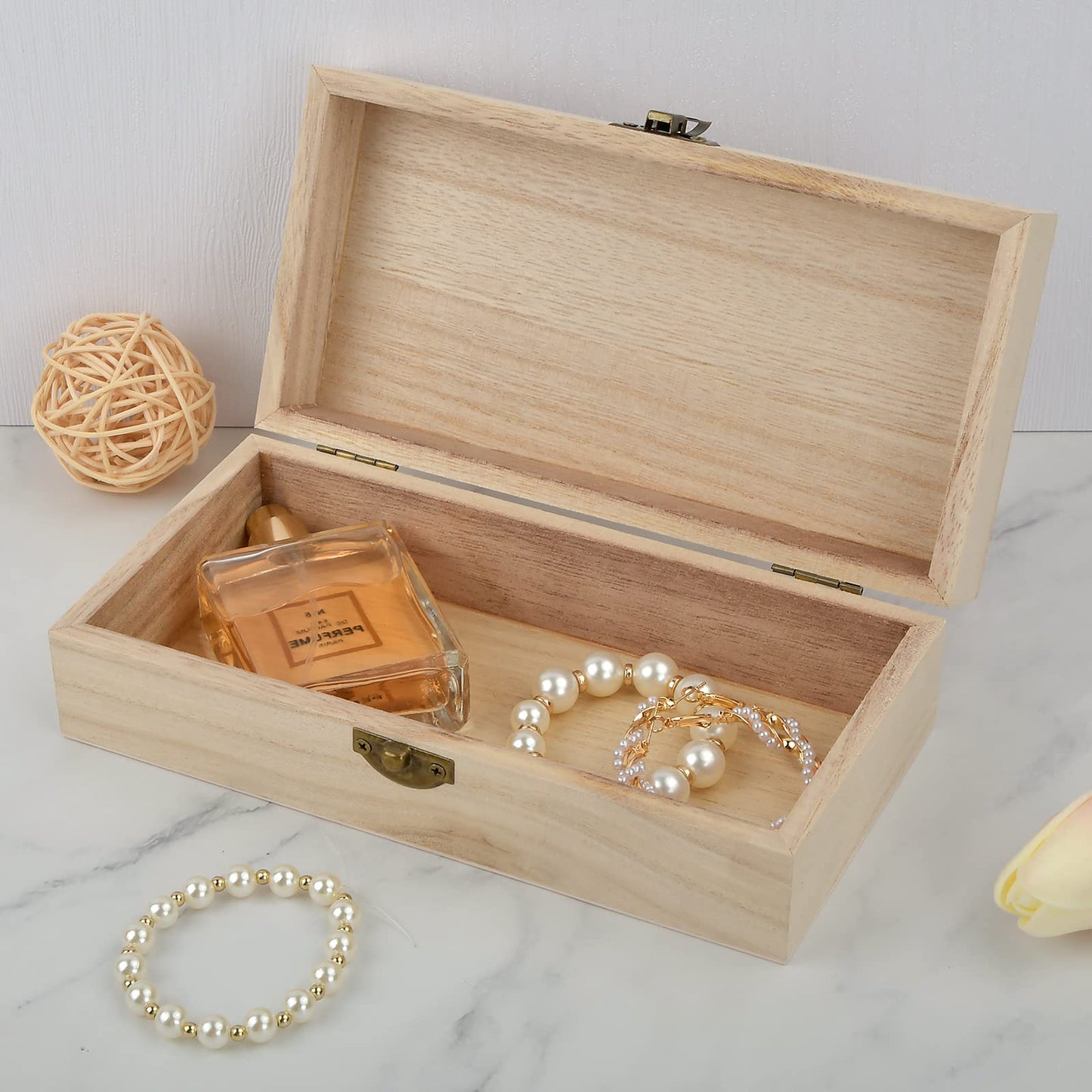 Catime Wooden Box with Lid, Natural Wooden Box 20 x 10 x 6 cm with Hinges and Lock, Small Wooden Chests as a Storage Box, Treasure Chest