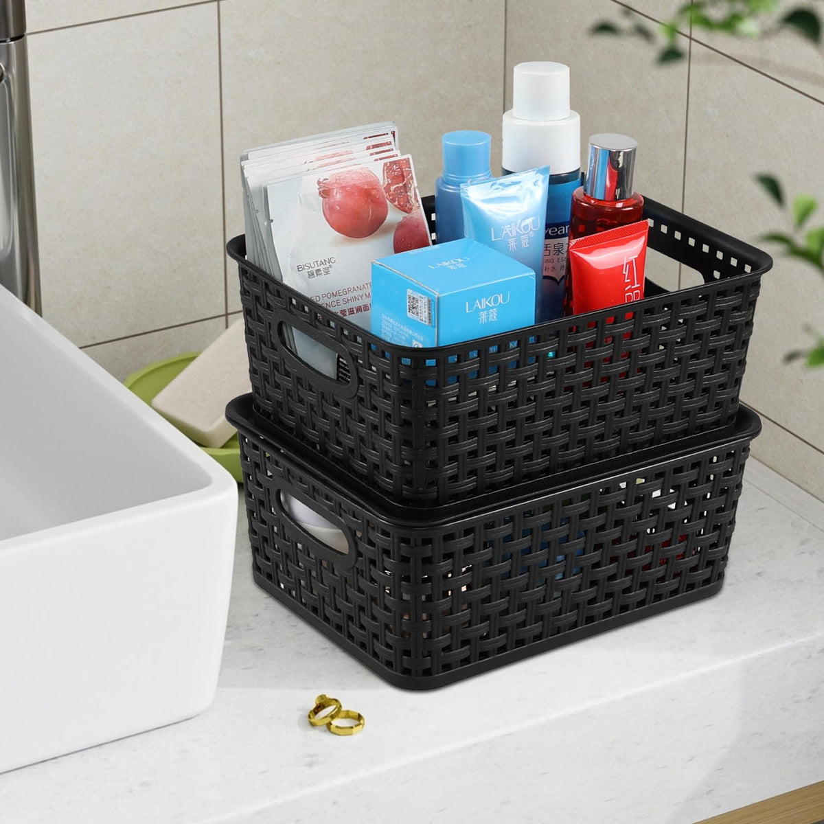 Aninhao Plastic Storage Basket with Lid, Kitchen Cupboard Organiser Baskets, Black, 6-Pack