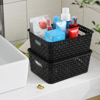 Aninhao Plastic Storage Basket with Lid, Kitchen Cupboard Organiser Baskets, Black, 6-Pack