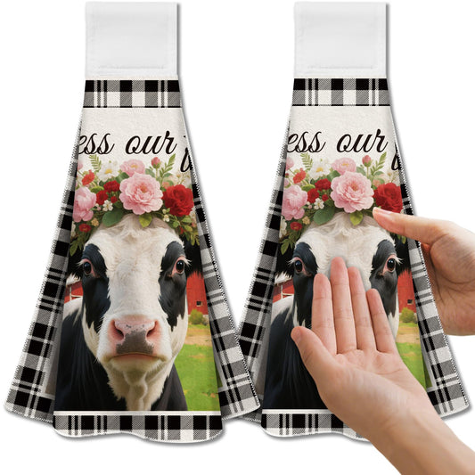 CUTHOLLOW Farm Cows Hanging Kitchen Towels with Loop, Set of 2 - Soft & Super Absorbent Microfiber Decorative Hanging Dish & Hand Towel, Tea, Coffee