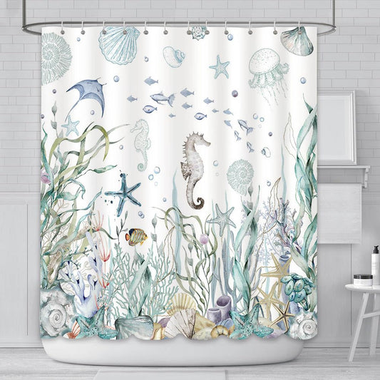 AIBIIN Ocean Shower Curtain Under The Sea Theme Starfish Seashells Decor pattern for Bathroom Waterproof Durable Polyester Material With 12 Hooks