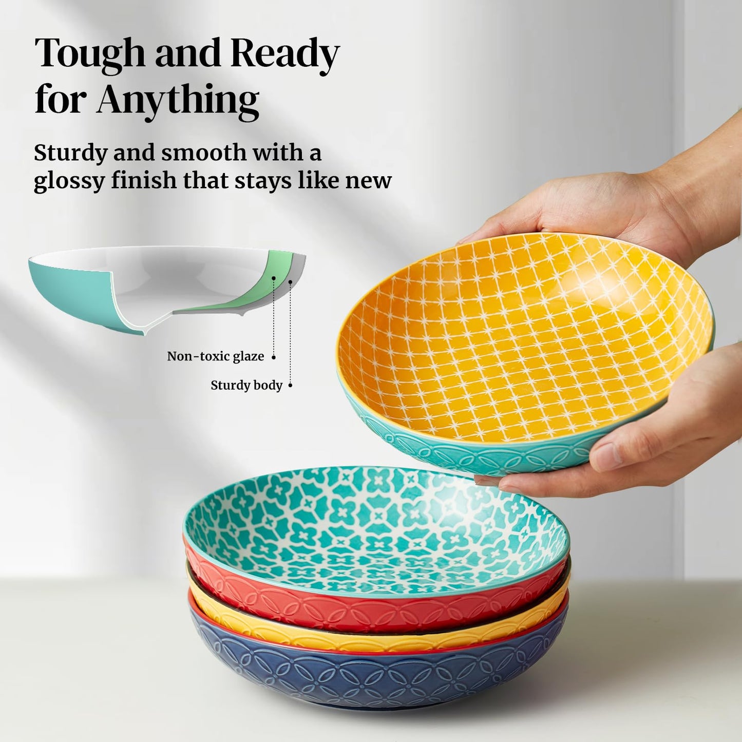 DOWAN Pasta Bowl Set of 4, Large Salad Bowls,  21.5 cm Porcelain Serving Plates, Soup Bowls, Wide and Shallow Ceramic Bowl for Kitchen, Pasta, Salad,