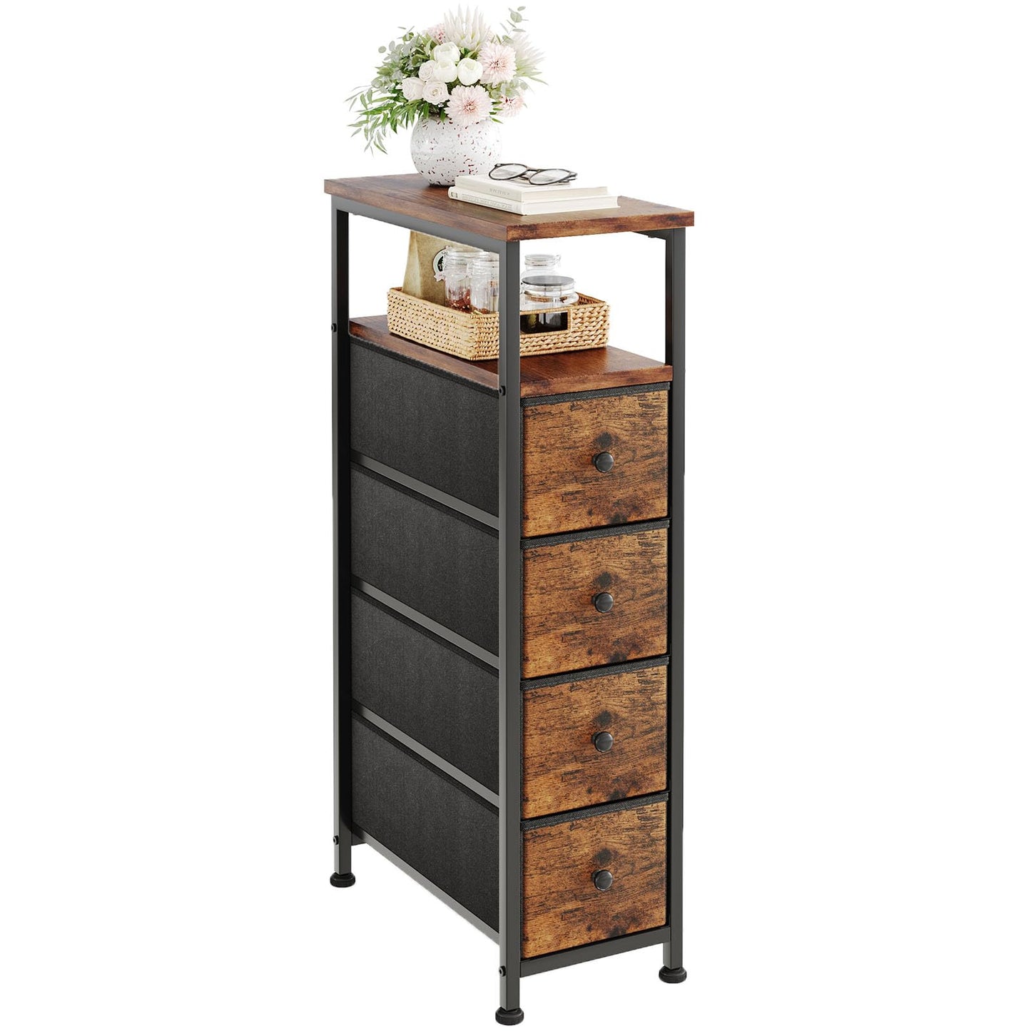 MUTUN Narrow 4 Drawers Chest Dresser, Bedroom Fabric Storage Drawer with Wood Top, Tall and Slim Cupboard Nightstand End Table Organizer Unit for