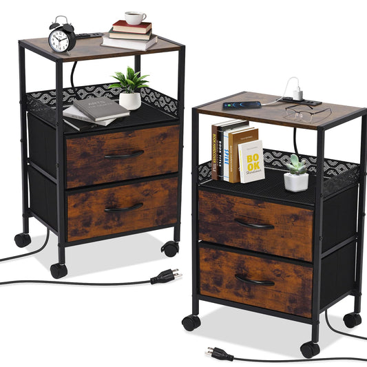 Yosamy Slim Bedside Table Set of 2 with Charging Station & 2 Drawers - Narrow End Table with 2 Outlets, USB Ports,Industrial Rustic Brown Nightstand