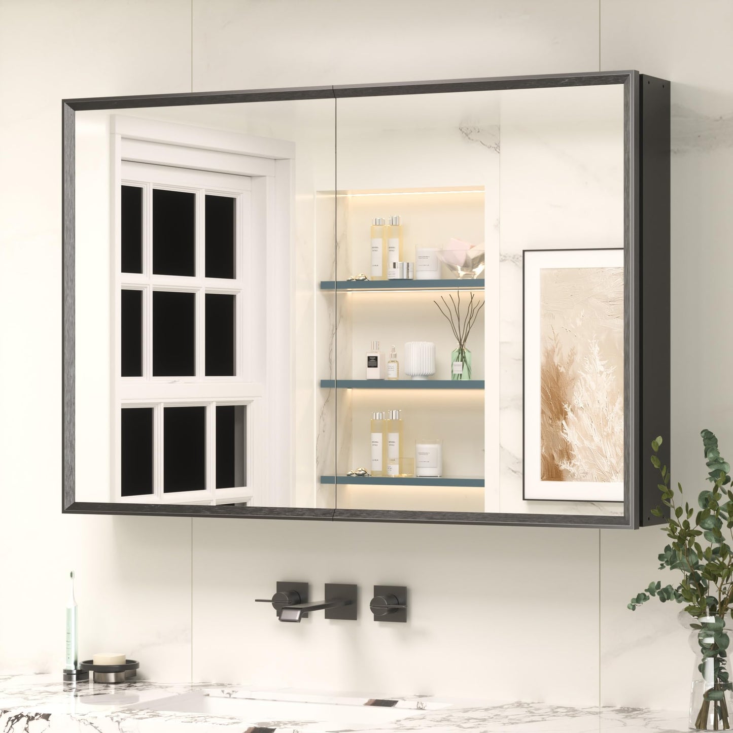 Keonjinn Bathroom Mirror Cabinets 90x60cm, Assembly Required, Black Aluminum Frame Mirrored Bathroom Cabinet Wall Mounted with Storage