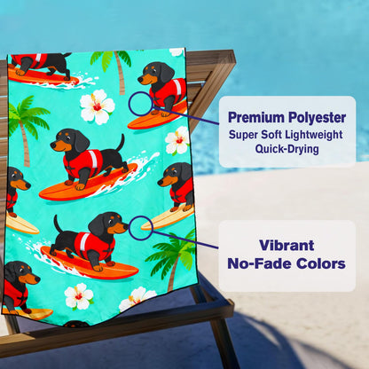 Violetpos Surfing Dachshund Beach Towel, Extra Large 180x90 cm 250GSM Microfibre, Sand Free Quick Dry