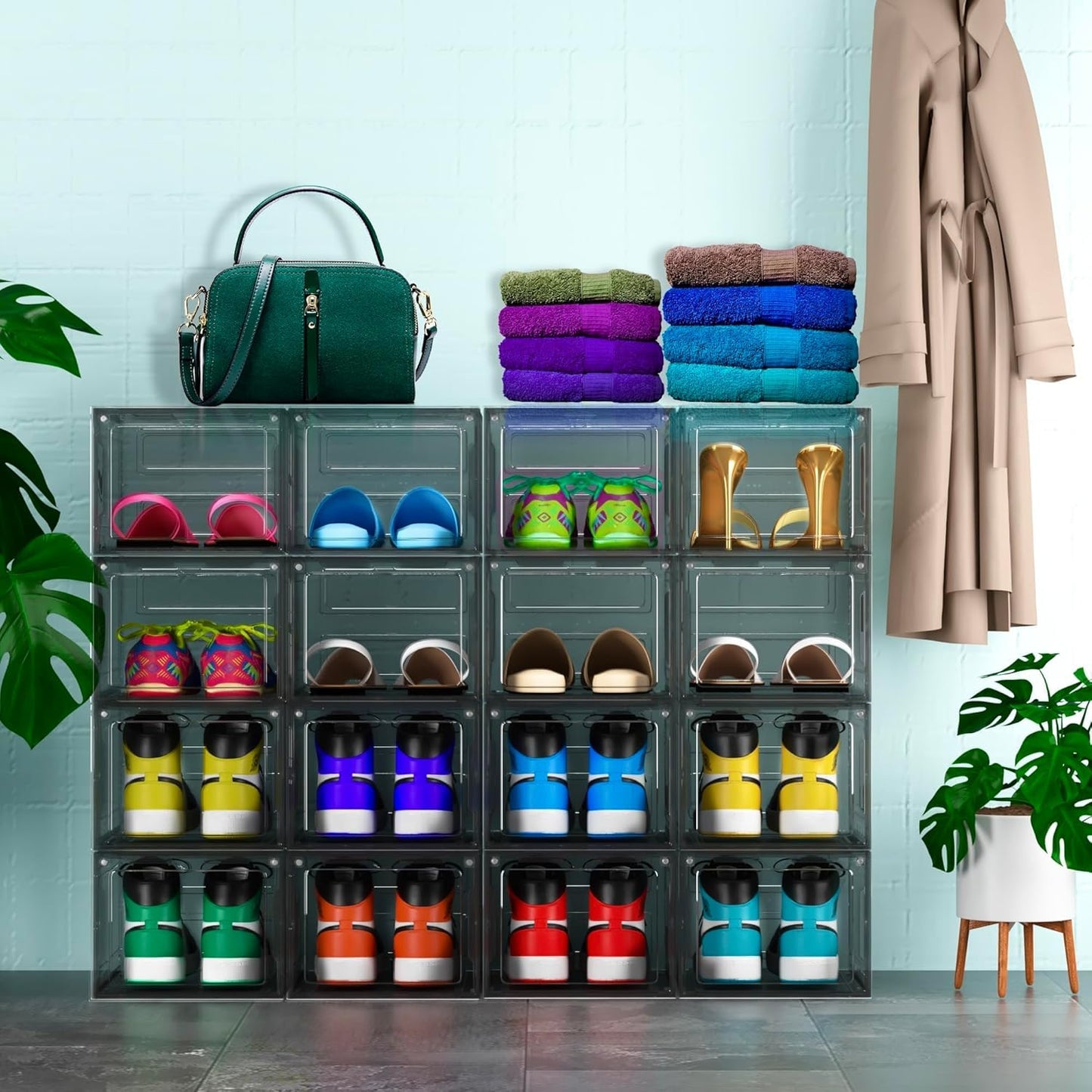 Unique Impression 8 Pack Grey Stackable Shoe Storage Boxes - Plastic Trainer Storage Boxes - Transparent Shoe Display Containers